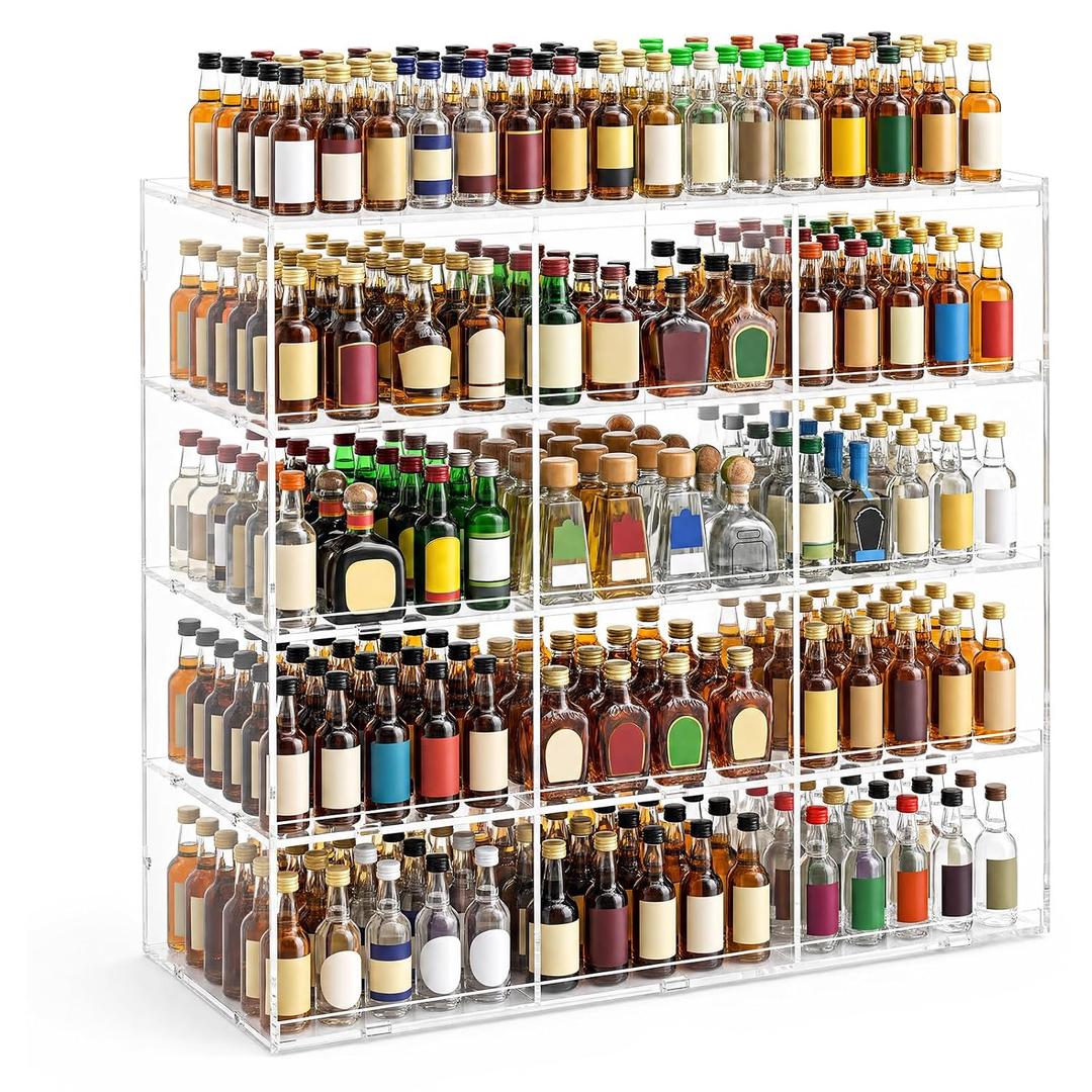 Cinnvoice Mini Liquor 50ml Bottles Retail Display Case with Lock and Adjustable Dividers, 23.6"w x 24.4"h x 12"d Clear Commercial Acrylic Countertop Rack for 50ml Nips, Airplane Shot Bottle & Pos Item