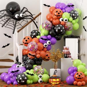 Halloween Balloon Arch Kit, OTLGEUA 127Pcs Halloween Party Decorations Include Purple Black Orange Green Confetti Balloons Garland, Spider Web, Bats, Eye Balloon