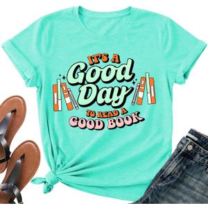 It's a Good Day to Read a Good Book Shirt Women-Cute Librarian Read Short Sleeve Book Lovers Tee Tops (Green, XXL)