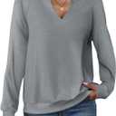 EADINVE Women Casual Long Sleeve V Neck Sweatshirts Cute Loose Fit Lightweight Pullover Tops (Large, Grey)