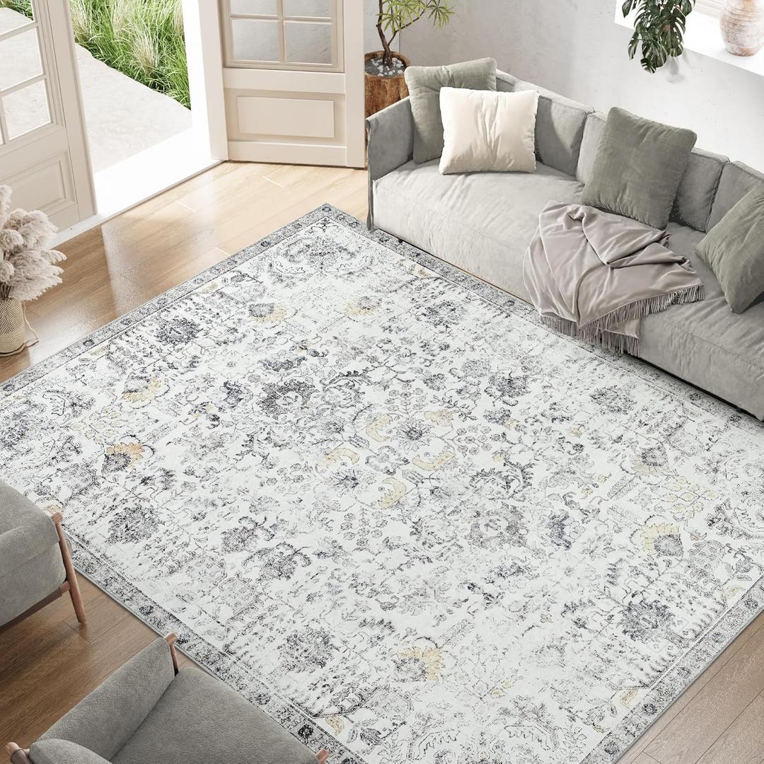 jinchan Area Rug 6x9 Washable Living Room Rug Soft Vintage Indoor Thin Retro Distressed Floor Cover Grey Floral Country Boho Rug Non Slip Carpet for Bedroom Office Dining Room  