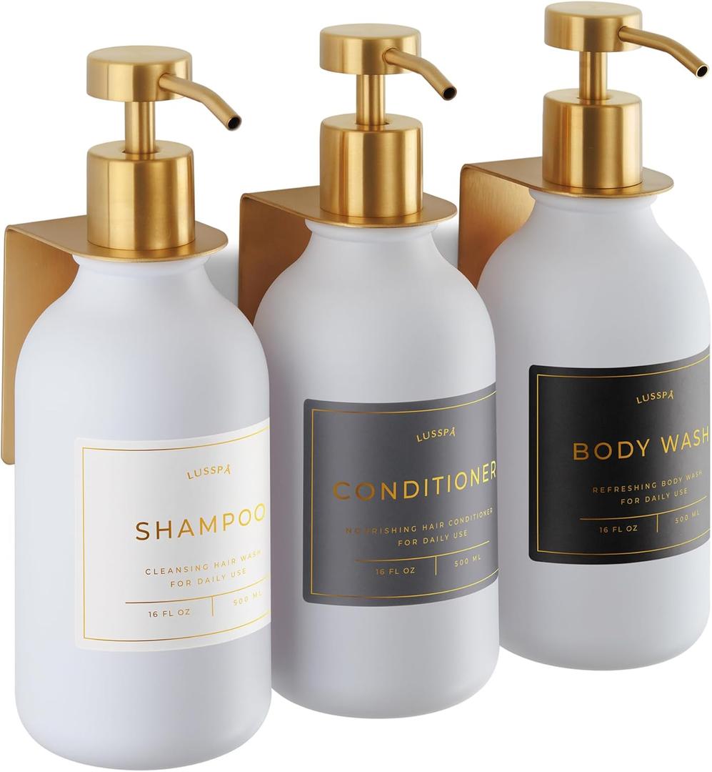 Shower Shampoo Dispenser Wall Mounted 3 Refillable 16.9 oz White Bottles with Stainless Steel Pumps & No-Drill Adhesive Holders Soap Dispenser Set for Bathroom (3 X White/Gold)