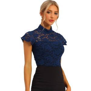 Allegra K Womens Lace Top Elegant Short Sleeve Blouse Mock Neck Fitted Dressy Casual Semi Sheer Tops XL