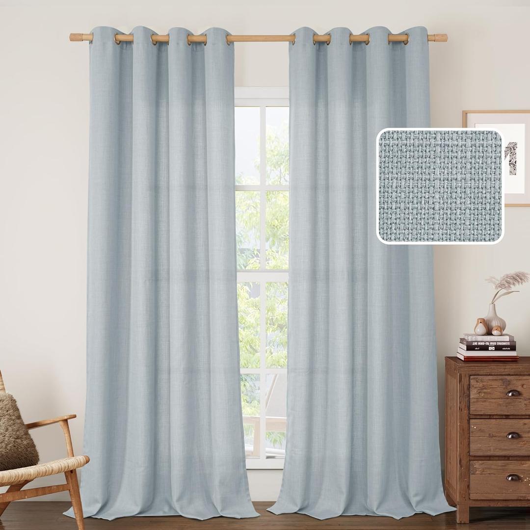 LAMIT Haze Blue Linen Curtains for Bedroom, 84 Inch Faux Linen Textured Light Filtering Privacy Drapes Grommet Window Panels for Farmhouse/Living Room, 52"W x 84"L (Pack of 2), Silver Grommet-haze Blue