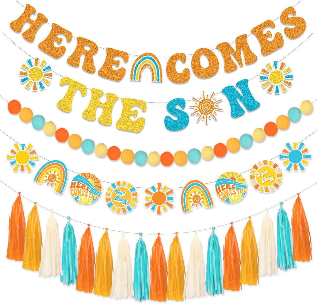 LARRAZABAL Here Comes The Son Baby Shower Banner, Here Comes the Son Baby Shower Decor Boy Boho Retro Sunshine 1st Birthday Party Supplies