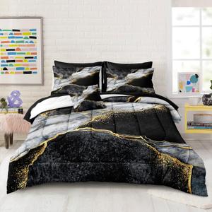 Merryword Black Marble Comforter Set Twin Size 6 Pieces Bed in a Bag Gold Metallic Marble Design Bedding with 1 Comforter, 2 Pillowcases, 1 Flat Sheet, 1 Fitted Sheet, 1 Cushion Cover