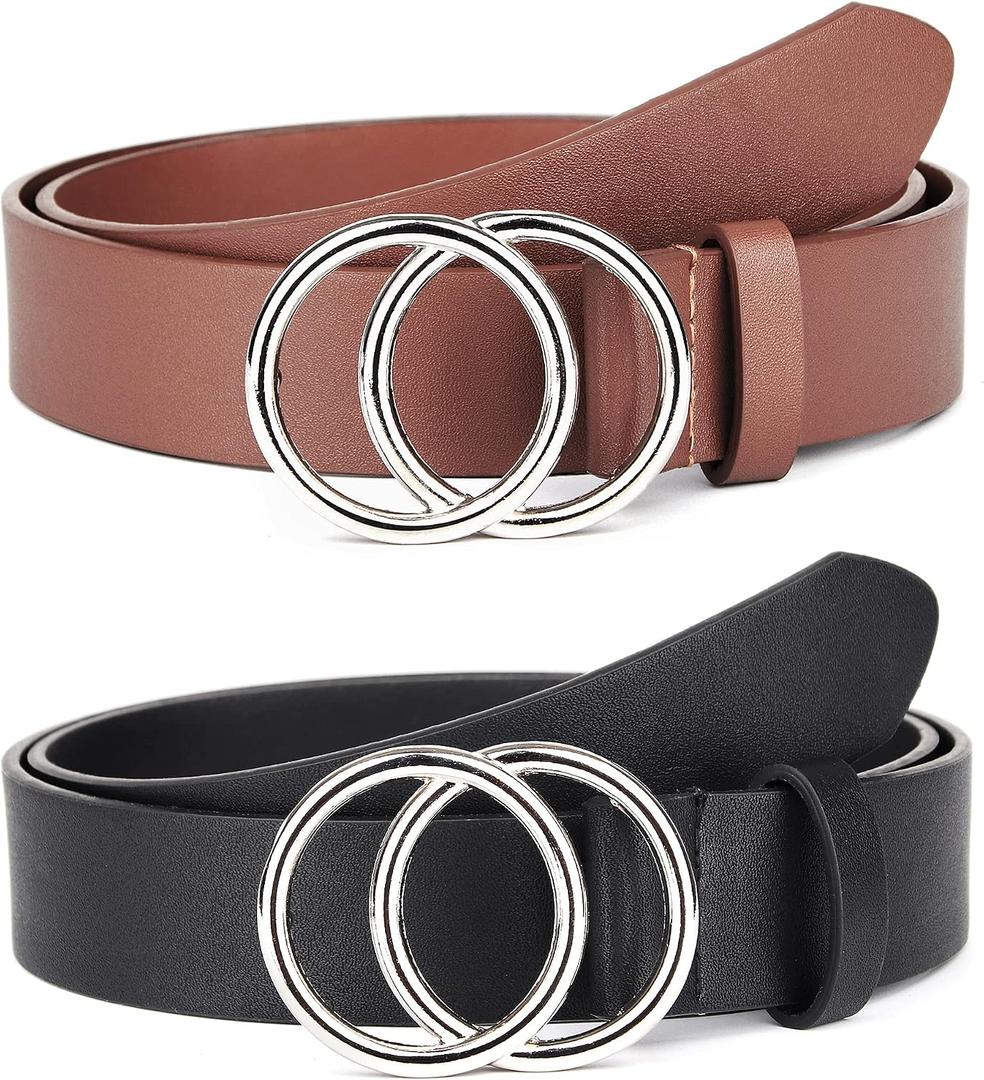 Pack 2 Women Belts for Jeans with Fashion Double O-Ring Buckle and Faux Leather (Brown)