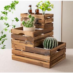 Venalys Set of 3 Nesting Wooden Crates, Rustic Wooden Storage Container Boxes with Cutout Handles, Decorative Farmhouse Wood Baskets for Display (Natural)