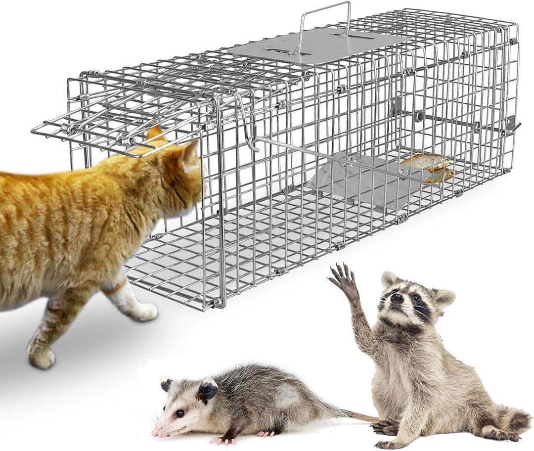 KOCASO Live Animal Cage Trap, Collapsible Humane Live Animal Cage Trap, Galvanized Steel Humane Live Trap Cage for Rabbit,Stray Cat, Groundhog, Raccoon,Squirrel,Chipmunk,Mole,Skunk,Gopher,24"x8"x8"