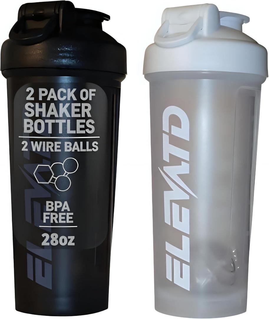 ELEVATD 2-Pack 28 fl oz Protein Shaker Bottles  Leak-Proof Lid, Whisk Ball, Durable Carry Loop  BPA-Free Gym Mixer for Protein Powder & Supplements  Sleek, Fresh Colors (Two Black, 28 fl oz)