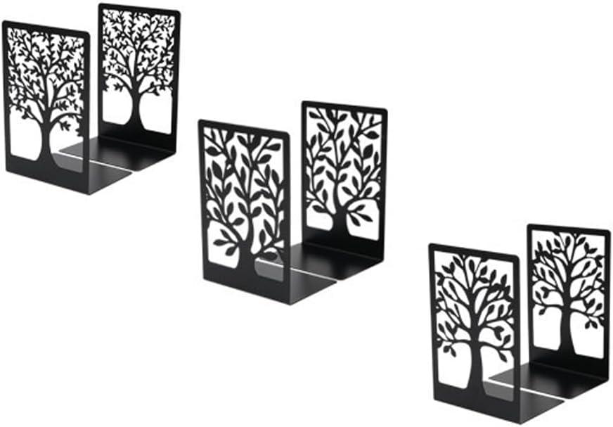 YXQ Book Ends for Shelves Decorative,Tree Metal Bookend Supports for Home Office School Heavy Books, Set of 3 Black Book Holders for Shelf Unique Decoration Book Stoppers