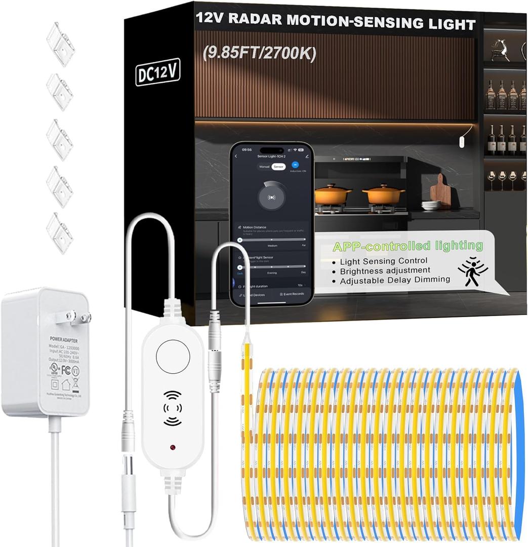 Warm White 2700K Smart COB LED Strip Light 9.85ft with Radar Motion Sensor, WiFi APP Control Dimmable Flexible LED Tape Light Timed for Google Home Alexa for Cabinets,Home&Office DIY Lighting