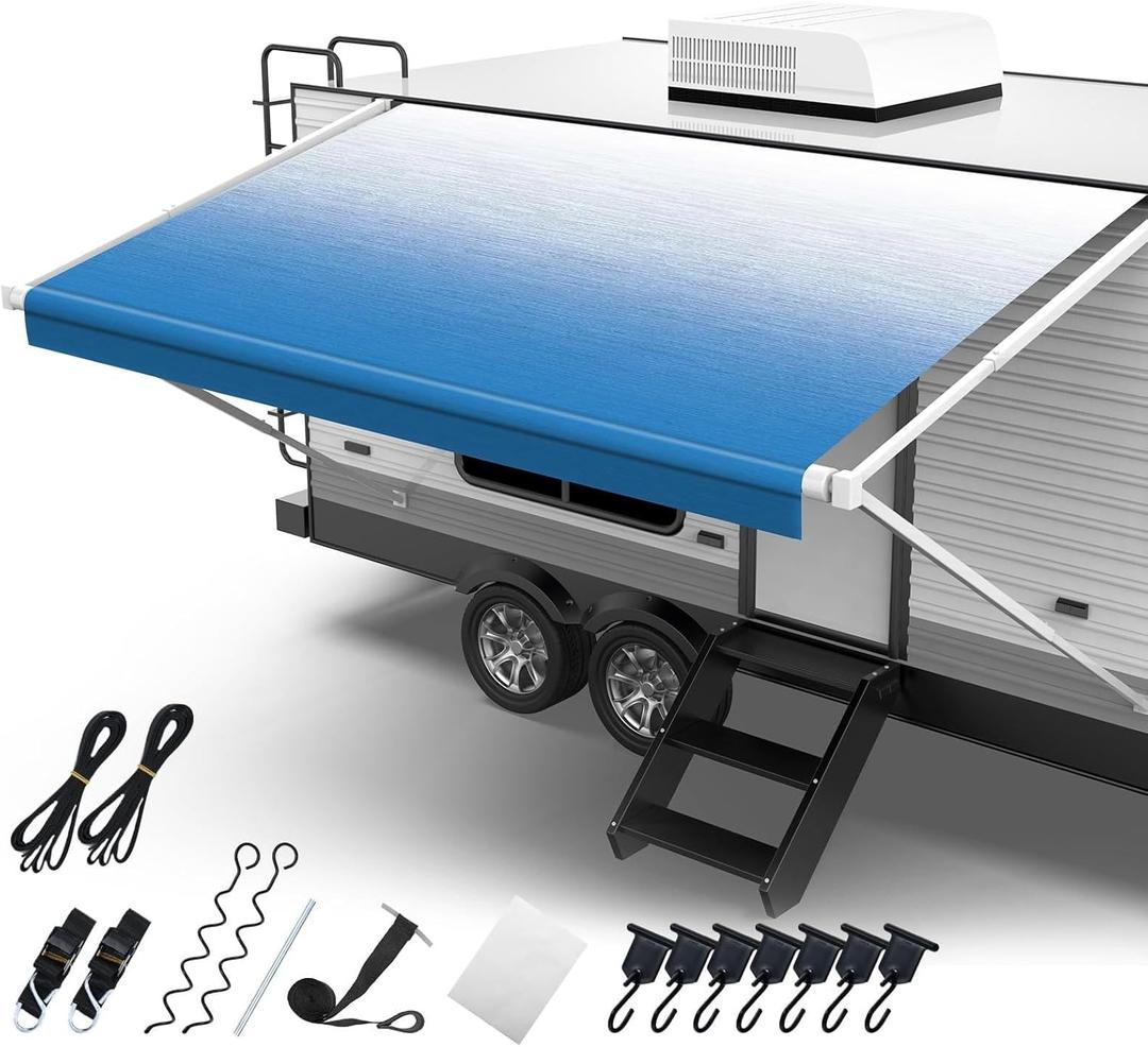 RV Awning Fabric Replacement, 19.5oz Heavy Duty Vinyl, with Tie Down Kits & 7 Hooks & Pull Strap for Trailer Camper Awning- 15'(Fabric 14'2"), Blue Fade