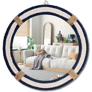 Vercraft Coastal Mirror 24" Wall Decor with Rope Wrapped Trim and Hanging Loop Nautical Round Circle Mirror Nautical Rustic Decorative for the Living Room, Bedroom Bathroom and Entryway