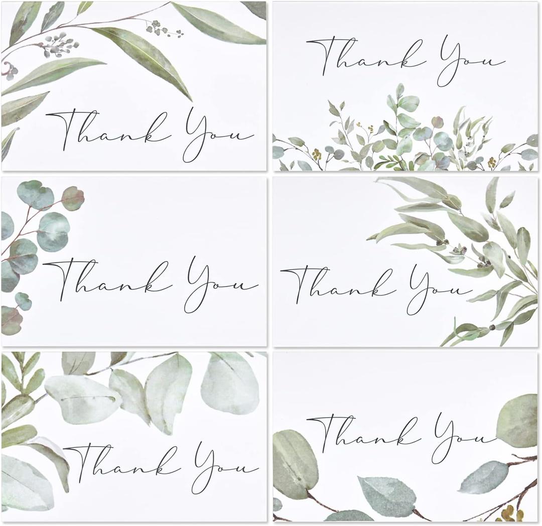 Crisky 50 Pack Greenery Thank You Greeting Cards with Envelopes & Stickers.6 Design Watercolor Greenery Greeting Cards Perfect for: Wedding/BabyShower/Birthday/Graduation. 4x6 Folded, Tented, Bulk