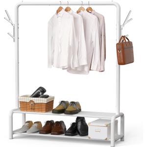 Simple Houseware 52-Inch Freestanding Closet Garment Rack with Storage Shelves and Coat/Hat Hooks, White