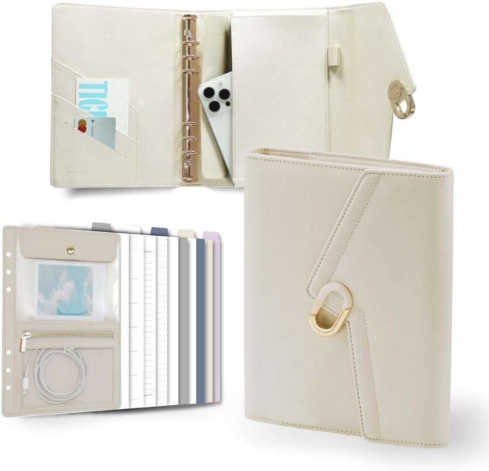Luxury Journal – A5 Leather Binder Planner Cover with 80 Sheets, 5 Dividers, Removable Zip Pouch, Refillable Undated Organizer for Work, School, Personal Use, Pearl White