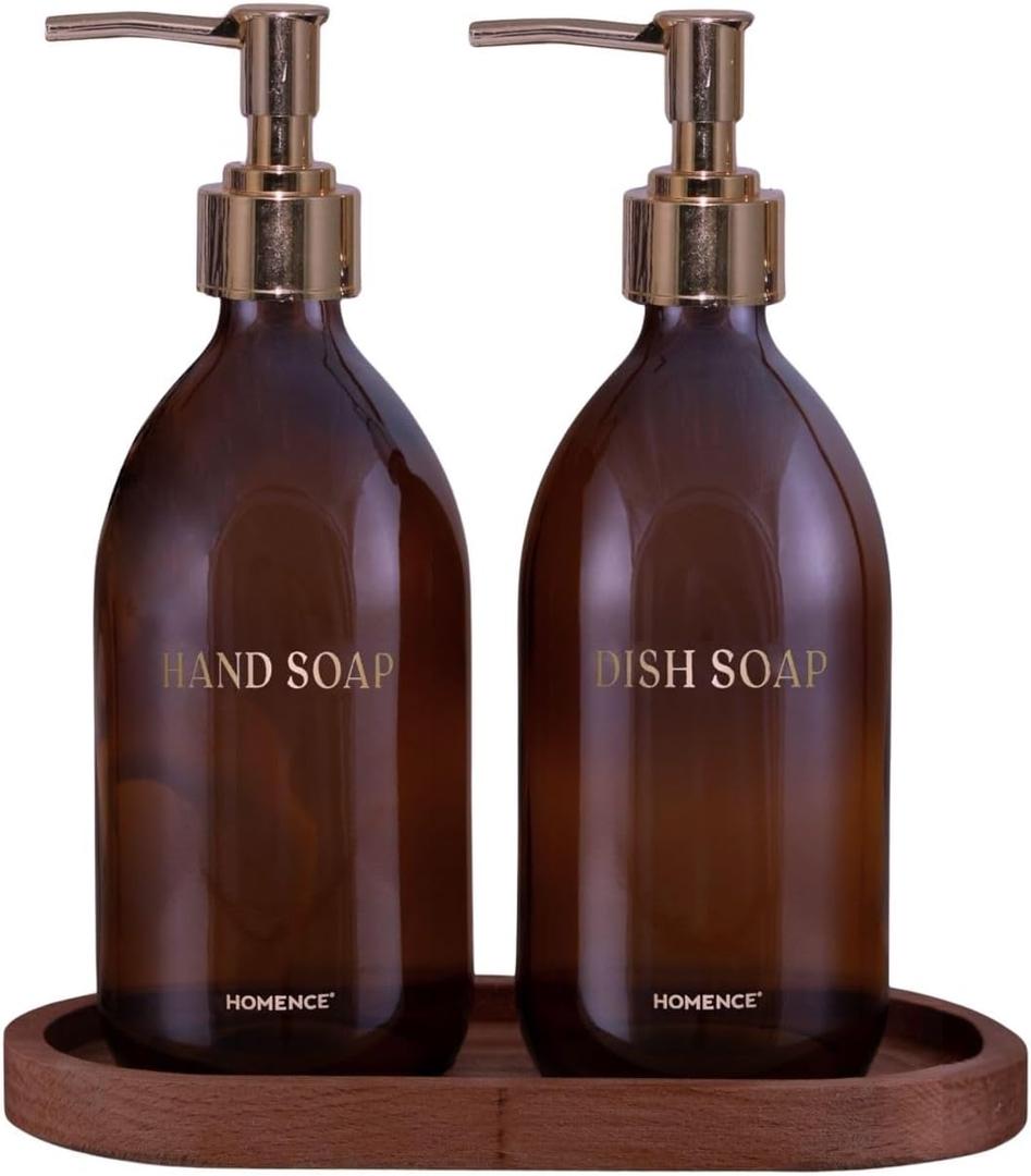 HOMENCE Hands & Dishes Soap Dispenser Set with Bamboo Tray  Refillable Bottles for Hand Soap & Dish Soap  Kitchen & Bathroom Sink Organizer  Long-Lasting Elegant Home Decor with Drawstring Gift Bag