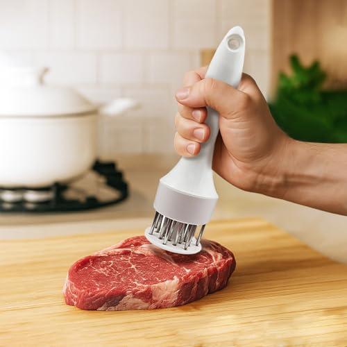 Meat Tenderizer Tool, Ultimate Stainless Steel Meat Tenderizer with 21 Ultra Sharp Meat Pins - Perfect for Tenderizing Beef, Chicken, Steak, Veal and Pork, Father's Day - White