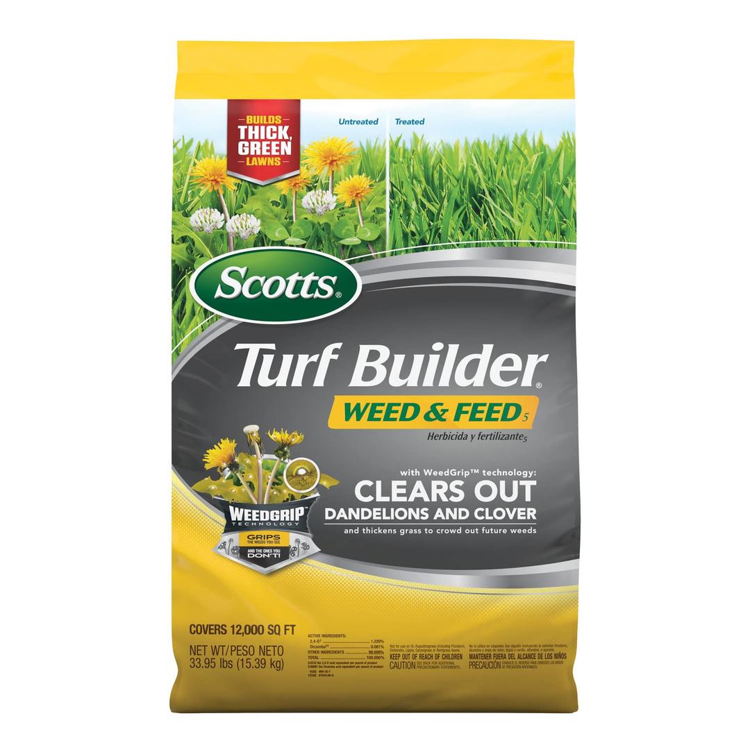 Scotts Turf Builder Weed and Feed5 - Weed Killer Plus Lawn Fertilizer, Lawn Weed Killer, Controls Dandelion and Clover, Grass Fertilizer for Up to 12,000 sq. ft., 33.95 lb.