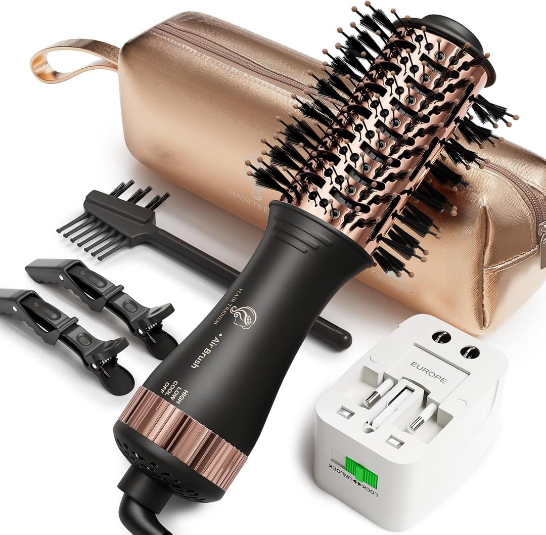 110-240V Travel Brush Hair Dryer, Small Hair Straightener Brush with European Plug Adapter for International Travel, 4 in 1 Hot Air Styler & Dryer for Drying Straightening Curling Volumizing (50 mm, Black)