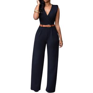 Pink Queen Jumpsuits for Women Dressy V Neck Sleeveless Wide Leg Long Pant Rompers Business Casual Outfits Small