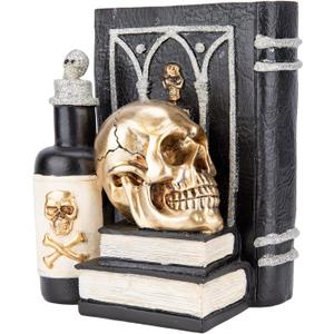 Halloween Skull Decor, Gothic Skeleton Heads and Book Resin Statue, Collectible Figurines for Halloween Decor Unique Gifts for Home Decorations 9.2" (Silver)