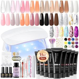 42Pc Poly Nail Gel Kit, 15 Colors Nude Pink White Clear Poly Nail Extension Gel with Nail Lamp Starter Kit Slip Solution 12Pc Nail Decorations Top Coat Manicure Kit Gifts for Women (15PC Nude Paradise Colorful Set)