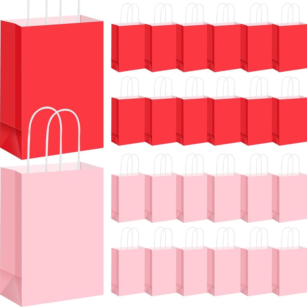 Chivertion 100 Pcs Valentine Red Pink Paper Gift Bags Bulk with Handles, 8.27 x 5.91 x 3.15 Inches Small Party Favor Bags Goodies Bag for Valentine's Day, Wedding, Birthdays, Small Business, Shopping