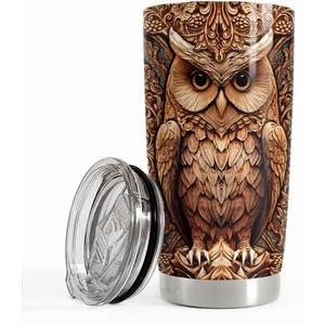 SANDJEST Owl Tumbler 20oz Stainless Steel Insulated Tumblers Coffee Travel Mug Cup Wood Drawing Style Owls Gifts for Women Men Gift for Birthday Christmas