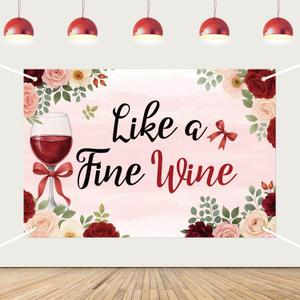 Birthday Party Decorations, Like Fine She Gets Better with Time Backdrop Aged to Perfection Birthday Decoration Floral Bow Cup Photography Background for Let's Sip Bday Party Supplies (5x3ft)