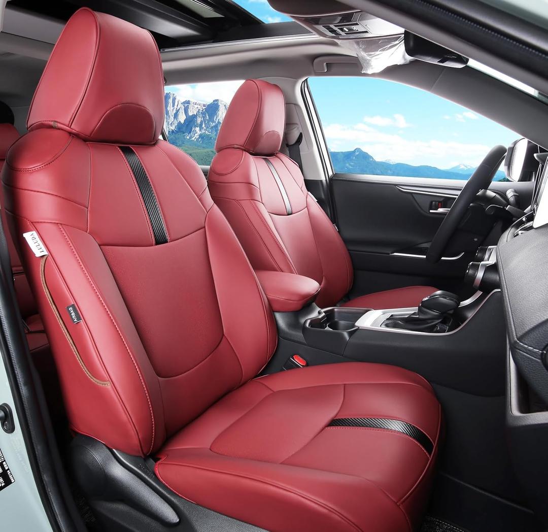 Custom Fit RAV4 (for Hybrid) Seat Covers Full Set for Toyota RAV4 Hybrid 2019 2020 2021 2022 2023 2024 2025 with Waterproof Faux Leather (Wine red, LU01-Hybrid)