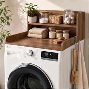 2-Tier Washer Dryer Countertop with Shelves & Metal Hooks, 28" W x 27.5" D Large Laundry Topper for Room Organization & Folding Clothes & Storage(Oak)