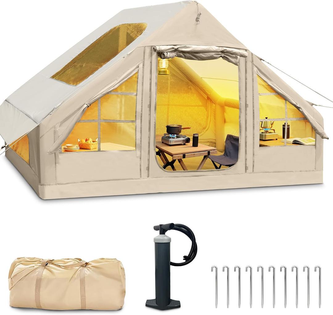 Inflatable Tent for Camping 4-6 Person, Blow Up Glamping Tents with Pump, Quick Setup Cabin Air House with Panoramic Skylight and Front Canopy, Waterproof Oxford Family Outdoor Shelter, Beige