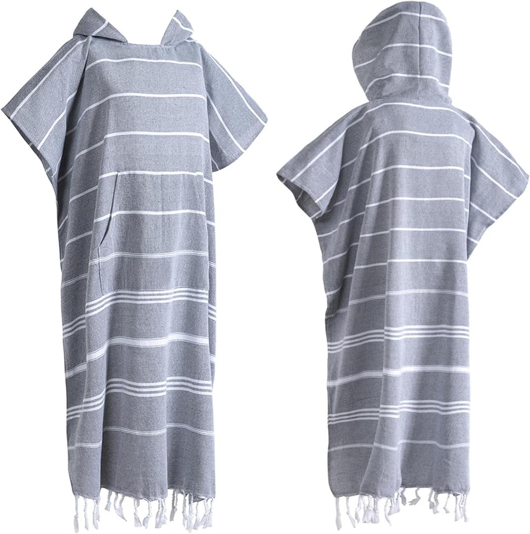 1pcs Turkish Cotton Surf Poncho Changing Towel Swim Robe with Pocket Plus Size Swim Cover Up Wearable Towel Hooded Beach Towel for Adult Man Women Beach Pool (Grey, Large)
