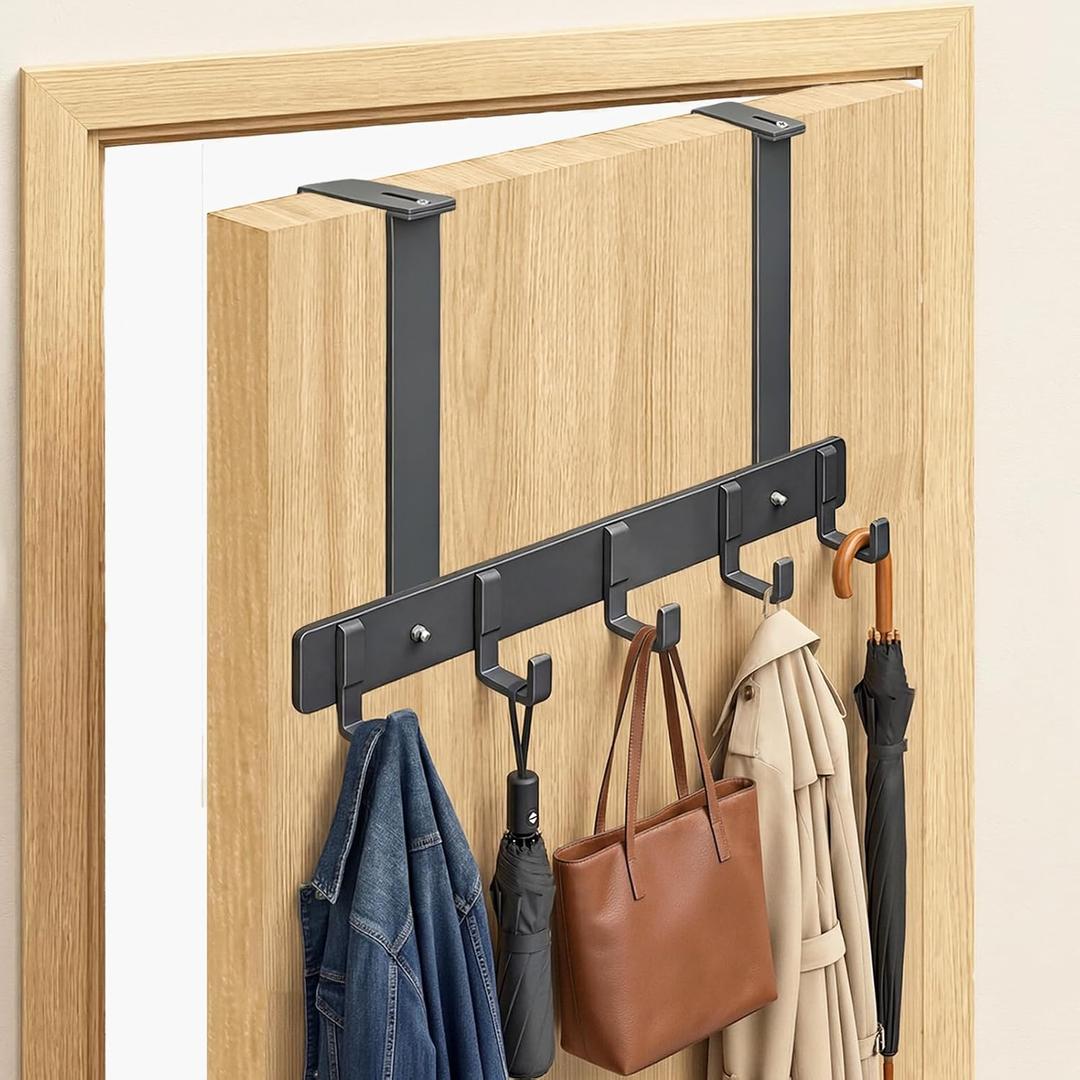 Adjustable Over The Door Hooks, 5 Hooks Over The Door Organizer with Suction Cup, Towel Racks for Bathroom Fits 1.38~2.56 in Thick Door, for Bedroom Door, Entrance Door - 7.09 in Tall