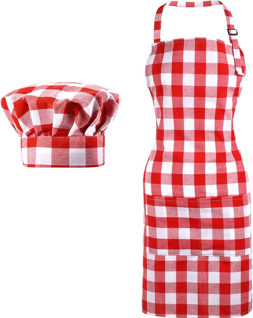 SATINIOR 2 Pcs Chef Costume for Women Men Chef Hat Apron Set for Adult Baker Apron Hat for Cooking Cosplay (Red, White,Plaid Style)
