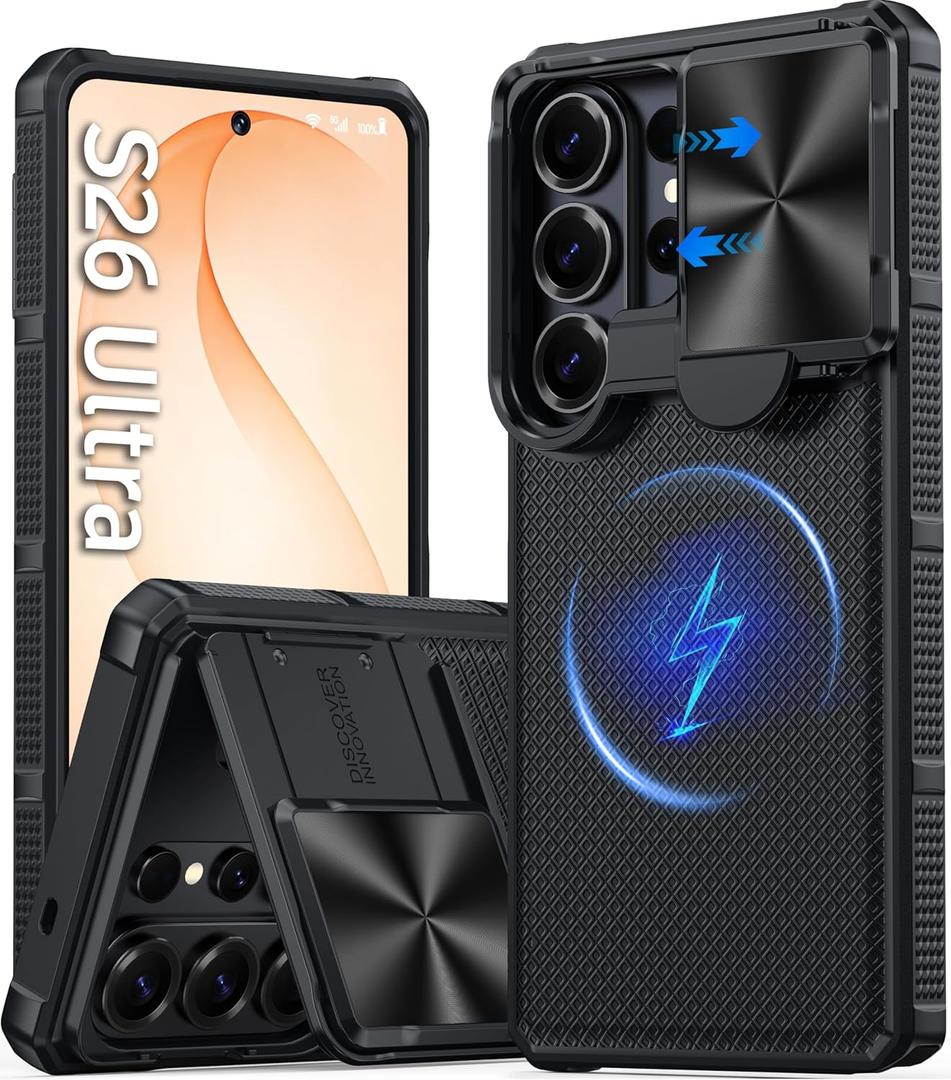 Magnetic for Samsung Galaxy S26 Ultra Case,[Slide Camera Cover][Kickstand][Compatible with Magsafe][Military Grade Protection] Shockproof Rugged Case for Galaxy S26 Ultra,Black
