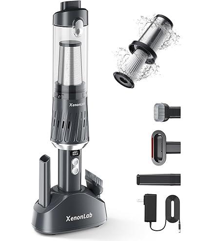 Handheld Vacuum Cordless 25000Pa Car Vacuum 3-In-1 Handheld Vacuum, Includes Smart Display and Charging Base Hand Vac Cordless Rechargeable One-Touch Empty for Home/Pet/Car (Silver)