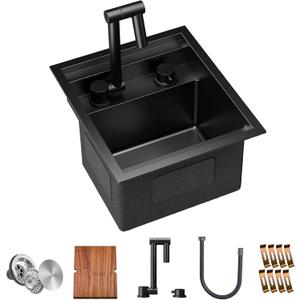 TORVA RV Kitchen Sink, 13 x 15 x 9 Inch Undermount Bar Sink Premium Stainless Steel Single Bowl Sink with Faucet,Cutting Board, Dark Grey