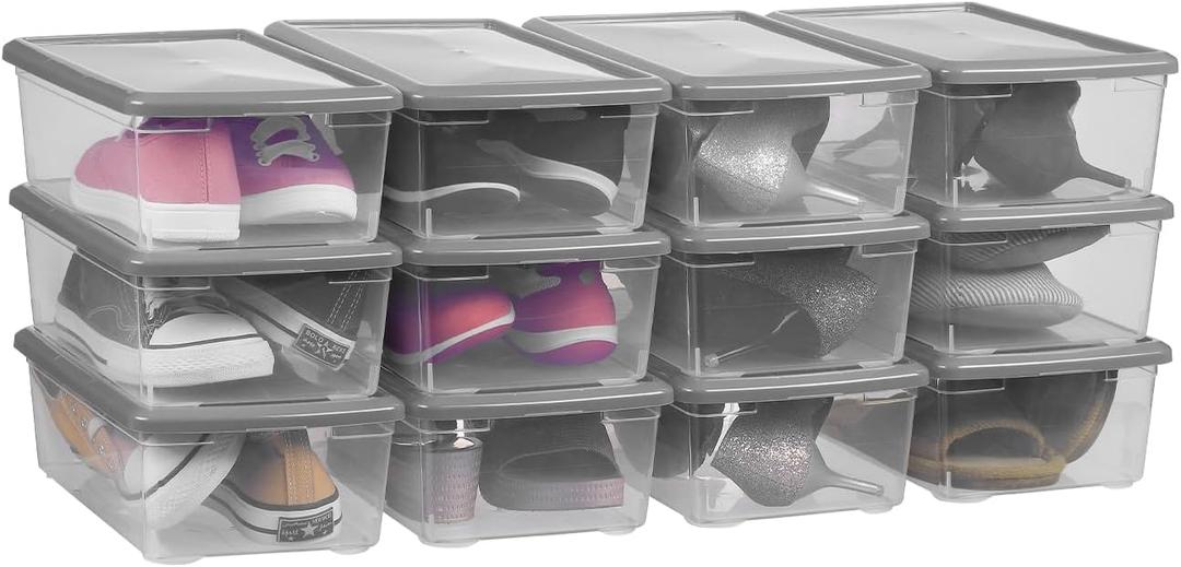 6 Quart Latching Storage Box,Plastic Clear Storage Bins With Lids Stackable (Grey, 12 Pack)