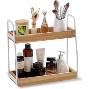 THYOI Acacia Wood 2-Tier Wooden Organizer Countertop, 15.4x6.7x14.6, Natural White with White Steel, Two-Tier Bathroom Organizer, Storage Organizer, Wooden Organizer, Countertop Storage Shelf