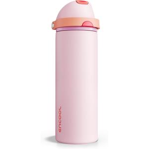 Insulated Water Bottle with Straw - Encool Stainless Steel Water Bottle with Push Button Lid, Leak-Proof & BPA-Free, Keeps Cold for 24 Hours for Sports, Travel, Gym (24 oz, Lily-Red)