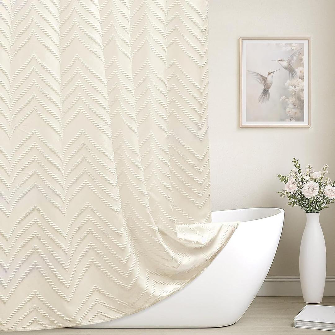Cream Shower Curtain Boho Farmhouse Shower Curtain 72W x 72L Tufted Chevron Textured Minimalist Shower Curtains for Bathroom