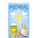 First Communion Banner Kit Door Hanging Decor with 2 Sheets of Diamond Stickers for Boys and Girls Decoration Set, 12 x 20 Inch (Blue Style)