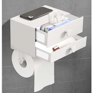 SEHAUSEU Double Toilet Paper Holder with Shelf,Two Drawers for More Capacity,Toilet Paper Holder Wall Mount Fits for Bathroom Wipes Storage,Flushable Rustproof SelfAdhesive (White)