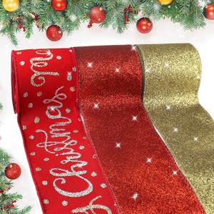 Hying 3 Rolls Merry Christmas Wired Edge Ribbons for Wreath Bows Crafting, Xmas Glitter Red Golden Winter Holiday Craft Ribbons for Gift Wrapping, Party Decorations, Ornaments