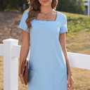 AlvaQ Womens Solid Color Casual Summer Square Neck Short Sleeve Mini Dresses with Pockets (Blue, L)