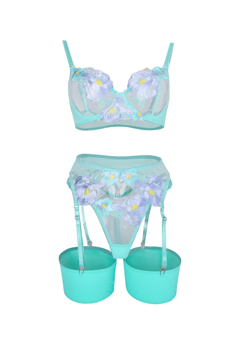 Lilosy Sexy Leaf Floral Embroidered Mesh Sheer Women Underwire Push Up Lingerie Set, M