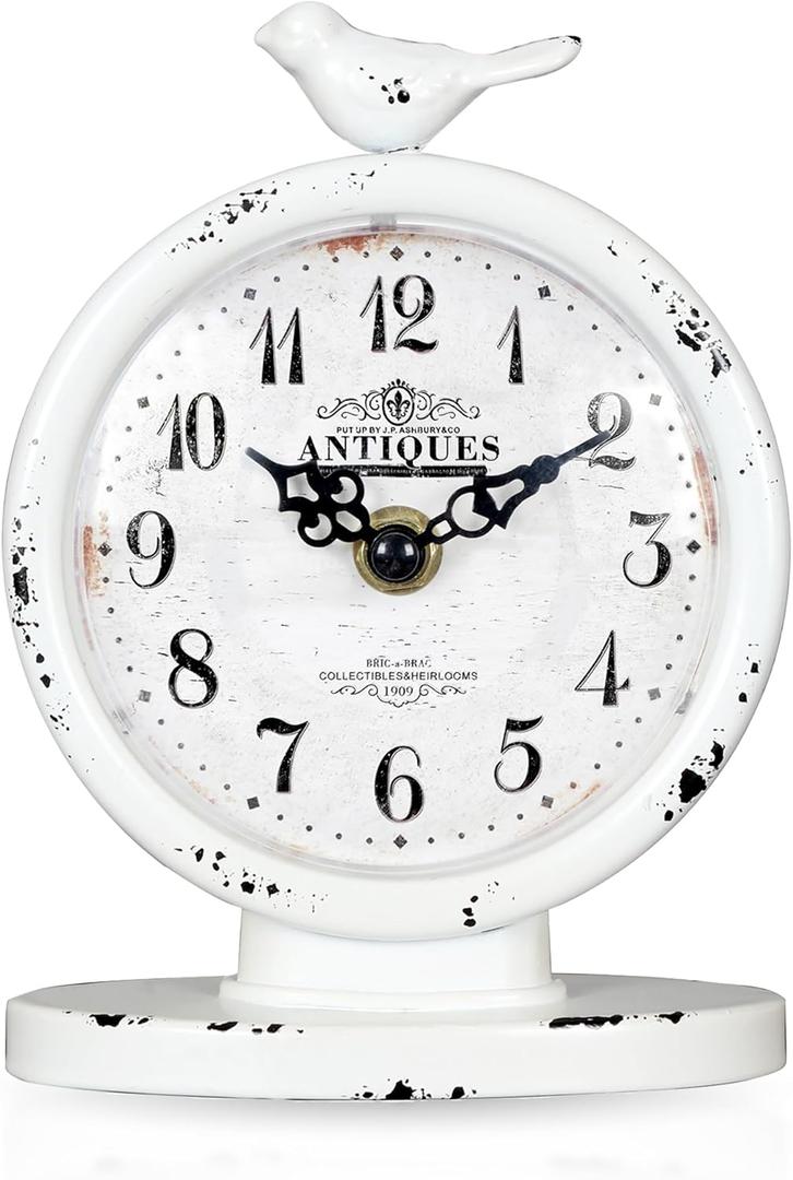 Desk Clock - Classic Vintage Clock and Decorative Shelf Decor,Silent Non-Ticking Clock with Distressed Metal Frame for Office, Bedroom and Home Decoration(Creamy White)